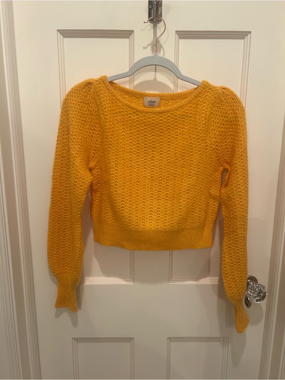 Aritzia Wilfred Sunshine Yellow Open-Knit Cropped Crewneck Sweater